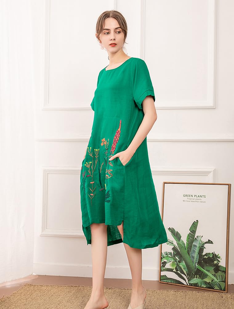 Minibee Women's Embroidered Linen Dress Summer A-Line Sundress Hi Low Tunic Clothing Green XL - Image 5